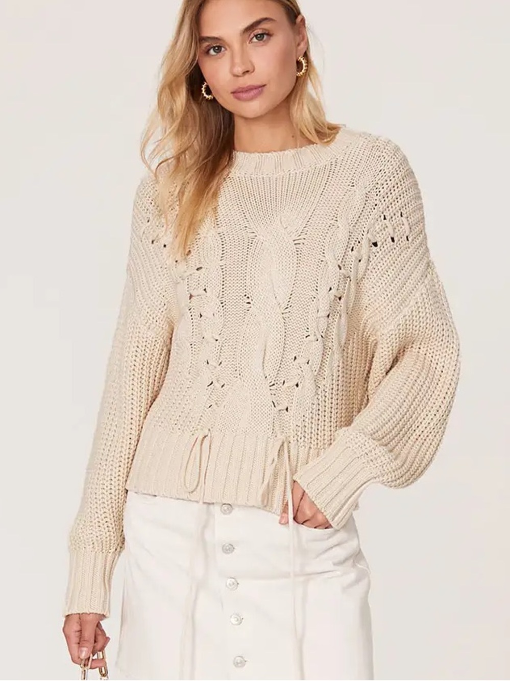 525 America Cotton Cable Knit Sweater With Lacing Cream Size Medium NWT New